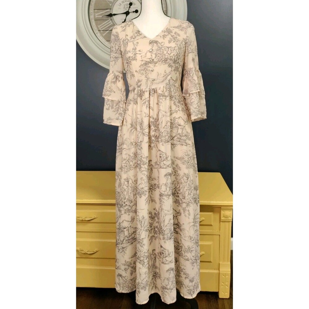 Maxi Sheer Dress Size Small Cream Gray Empire Waist Cottage Fairy Bell Sleeves